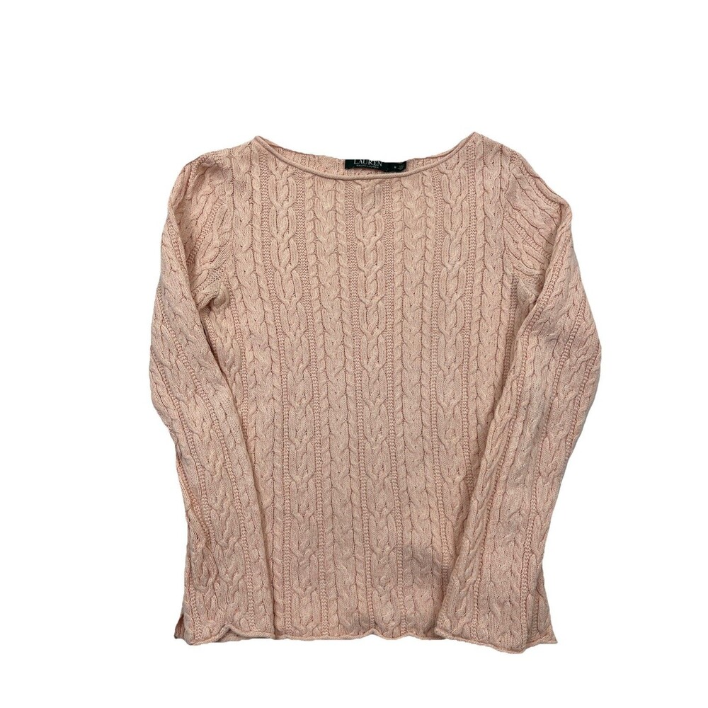 Ralph Lauren Women's Medium Pink Cable Knit Sweater Cotton Long Sleeve